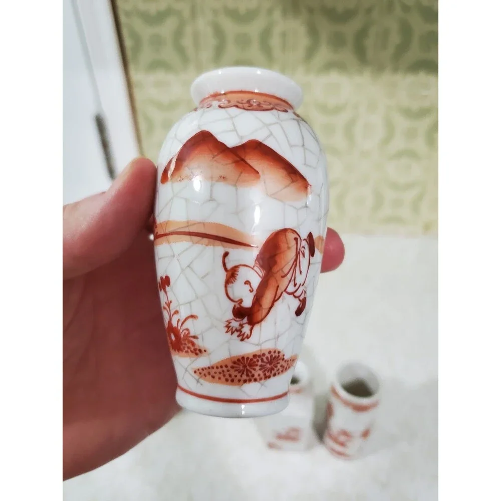 Oriental Objects D'Art Orange & White Crackle Mini Vases Decorative  Macau Lot 4